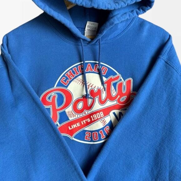 Gildan Hoodie Men's L Chicago Cubs 2016‎ Party 1908 Blue Baseball Y2K Sportswear - Picture 5 of 16